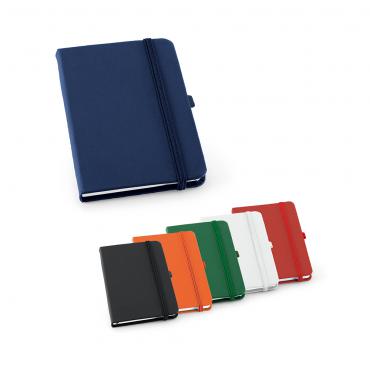 Caderno capa dura. C. sintético. Com porta esferográfica e 80 folhas pautadas.