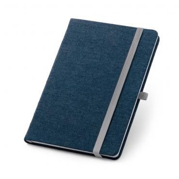 Caderno capa dura. Jeans. 96 folhas pautadas. Bolso interior. Suporte para esferográfica.