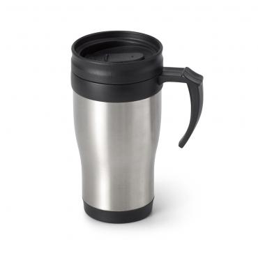 Caneca para viagem. Aço inox e PP. Com tampa. Capacidade até 420 ml. Food grade. 