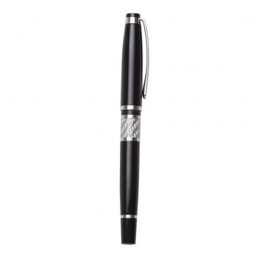 Caneta metal roller preto com detalhes em prata.