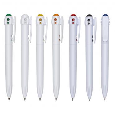 Caneta plástica inteira branca com acionador colorido em relevo
