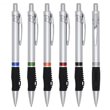 Caneta plástica inteira prata com detalhes em colorido