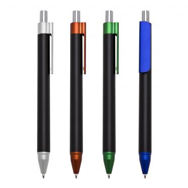 Caneta plástica inteira preta com clip(plástico) e ponteira coloridas