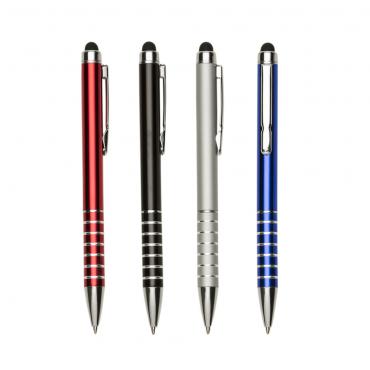 Caneta semi-metal com touch corpo colorido com detalhes prata