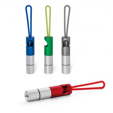 Chaveiro. Alumínio. Com 1 LED. Com abridor de garrafas e fita em silicone.