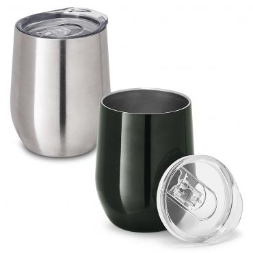 Copo de viagem. Aço inox. Com corpo duplo. Capacidade: 400 ml.