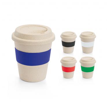 Copo de viagem. Fibra de bambu e PP. Com banda em silicone. Capacidade: 380 ml.