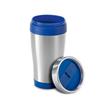 Copo para viagem. Aço inox e PP. Com corpo duplo e tampa.