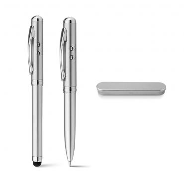 Esferográfica. Metal. Com lanterna- ponteira laser e ponteira touch.