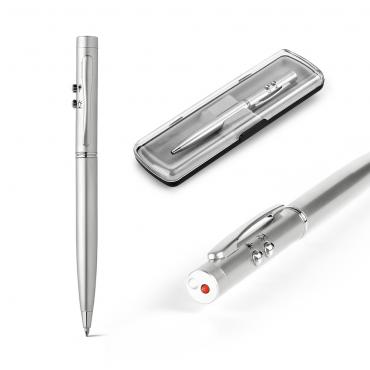 Esferográfica. Metal. Com ponteira laser e LED. Incluso 3 pilhas 