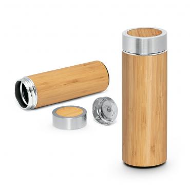 Garrafa térmica. Bambu e aço inox. Com parede dupla e infusor para chá. 
