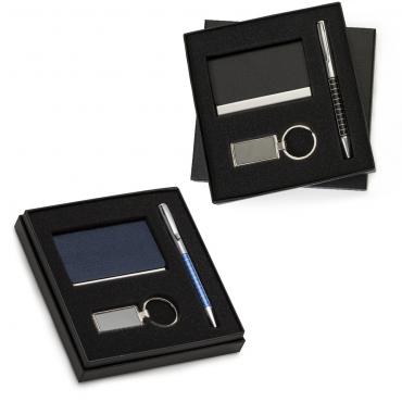 Kit executivo com 3 peças em estojo preto de papelão revestido com espuma interna