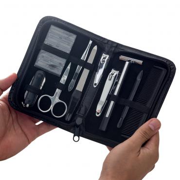 kit Manicure masculino Estojo costurado com revestimento em couro preto