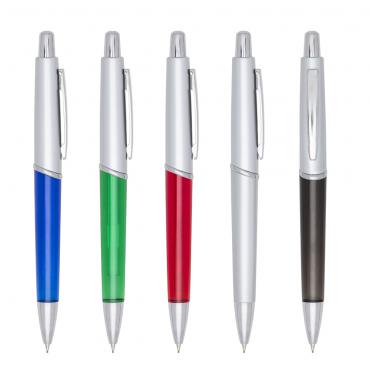 Lapiseira plástica prata com detalhes coloridos translúcidos