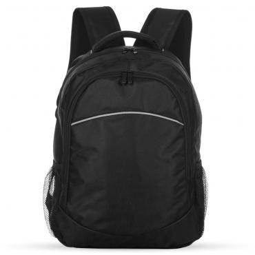 Mochila de poliéster para notebook com detalhes em nylon. Parte interna cinza- possui compartimento grande com bolso in