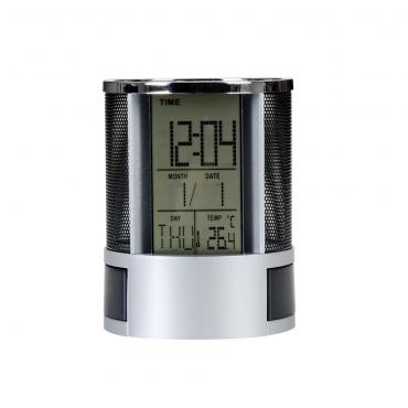 Porta caneta plástico com relógio LCD